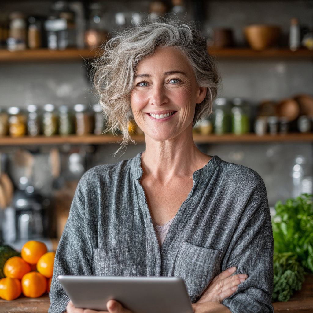 Жінка віком 52 років з усмішкою тримає планшет з додатком travendil, на фоні сучасної кухні з здоровими продуктами
