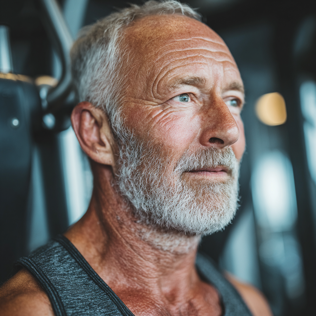 Чоловік віком 58 років займається спортом в спортзалі, демонструє здоровий спосіб життя та активність