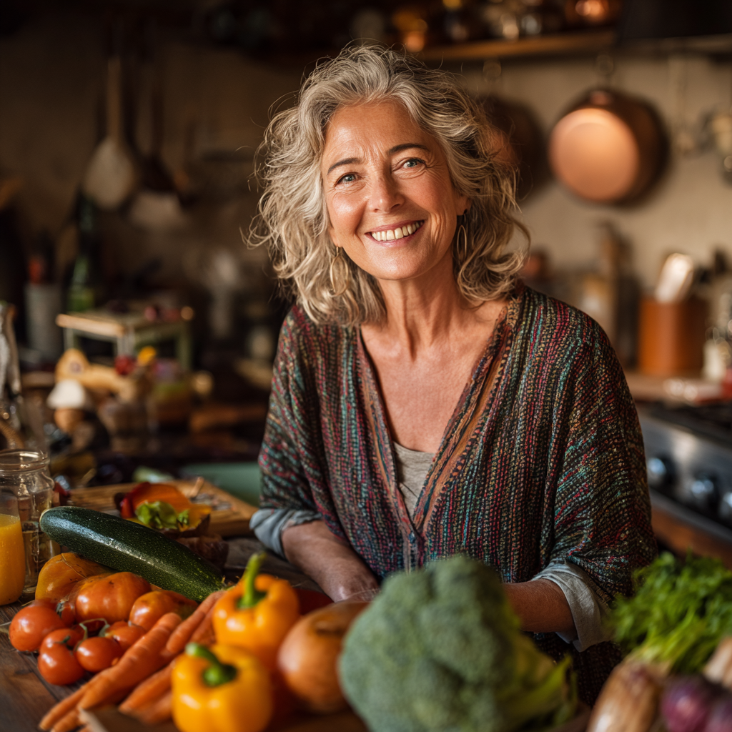 Жінка віком 55 років з усмішкою готує здорову їжу на кухні, оточена свіжими овочами та фруктами